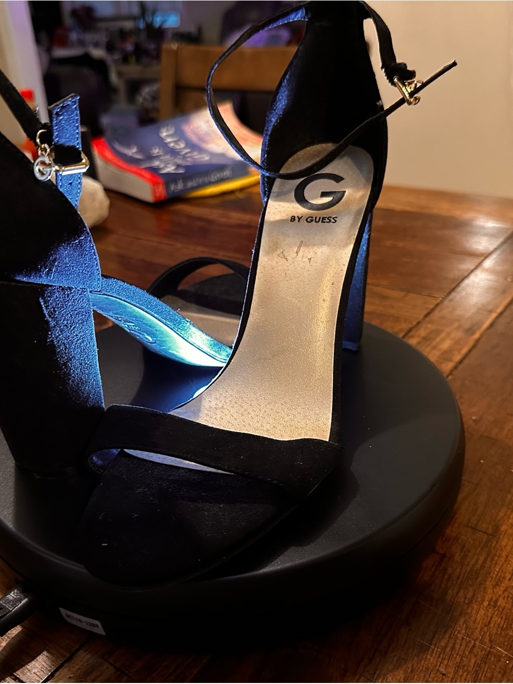G by Guess Black Suede Open-Toe Ankle-Strap Block Heels